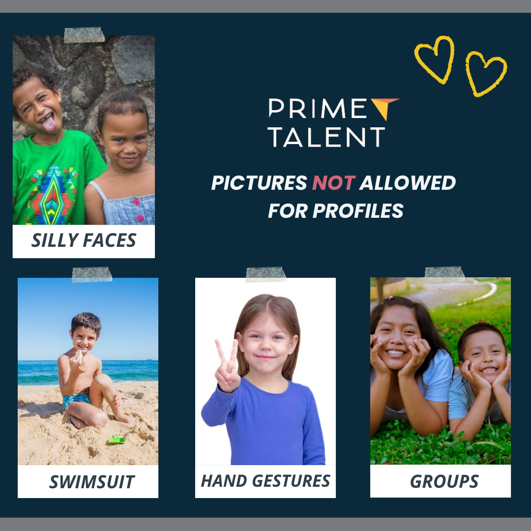 Not allowed examples: silly faces, swimsuit, hand gestures, and group photos